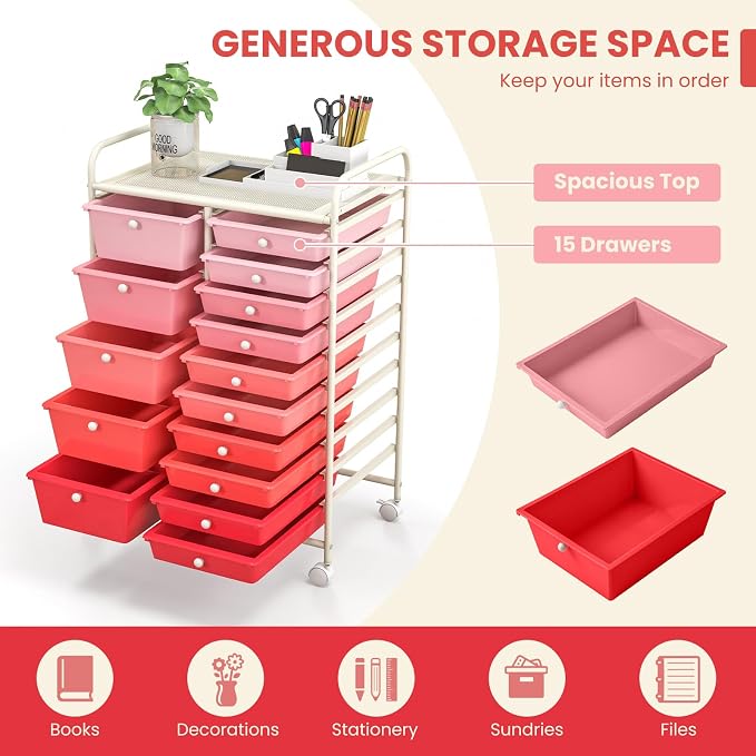 GOFLAME 15-Drawer Rolling Storage Cart, Craft Storage Cart with Removable Drawers & Lockable Wheels, Art Cart Supply Storage Organizer for Home Office Classroom, Pink Gradient - Image 4