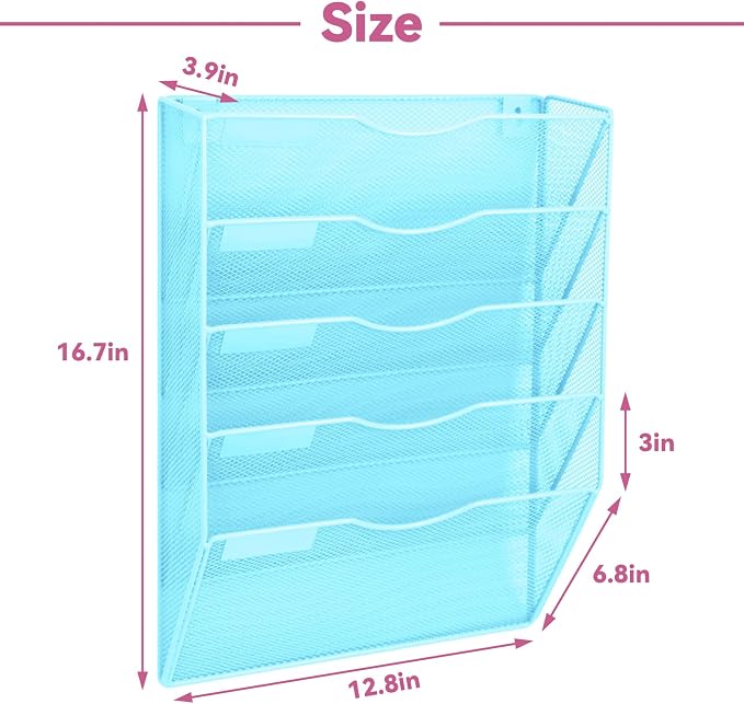 5 Pockets Mesh Wall File Holder Organizer Office Hanging File Folder Magazine Rack, Nametag Label Hooks Set Included (Blue) - Image 2