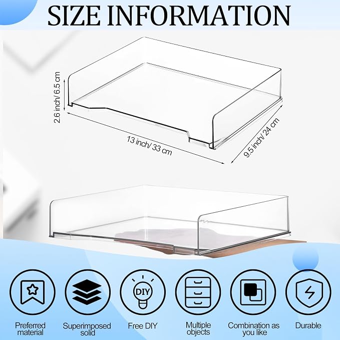 DoubleFill 2 Pcs Stackable Letter Tray Rectangular Plastic Desk Organizer 13 x 9.5 x 2.6 in Paper Holder File Tray Accessories Rack for Desktop Office Desk Drawers (Clear) - Image 2