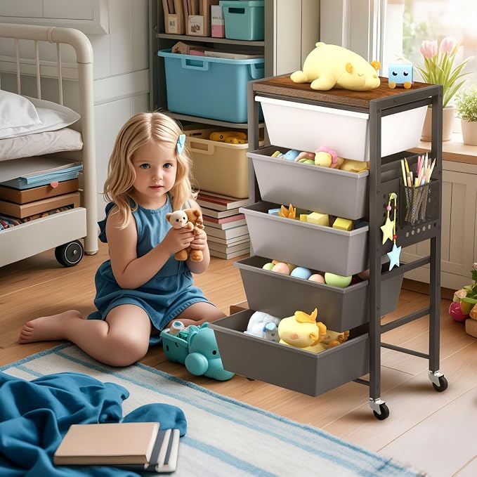 Rolling Cart with 5 Drawers, Plastic Drawer Storage Carts with Wheels & Wooden Tabletop, Metal Utility Cart with Pegboards, Office Living Room Classroom Craft Organization and Storage, Dark Grey - Image 8