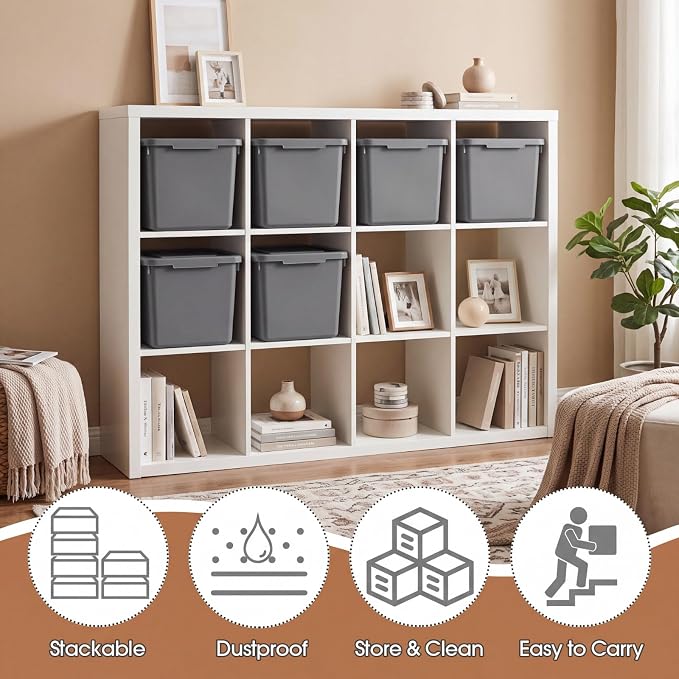 Potchen 6 Pcs Pack Small Stackable Storage Bins with Lids Plastic Storage Boxes for Classroom 9.8" ×7.3" ×5.7" Decorative Organizer Bins for Craft Art Office Teacher Supplies (Grey) - Image 5