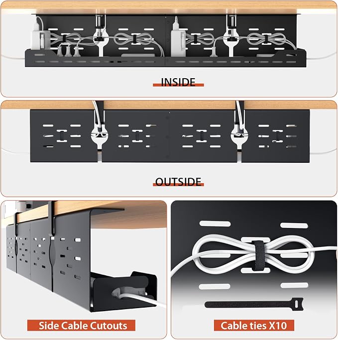 Univivi Under Desk Cable Management Tray, Cable Management, 32 inch, Black | Durable Steel Material, Under Desk Cable Tray with No-Drill C-Clamp and Screw Mount, Wire Management for Office/Home - Image 8