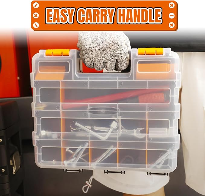 Jack Boss Tool Box with Transparent Lid, Double Side 34-Compartments Organizer Box with Removable Dividers for Hardware, Screws, Bolts, Nails, Beads, Jewelry and Fishing Accessories, Orange, 2 Pack - Image 7