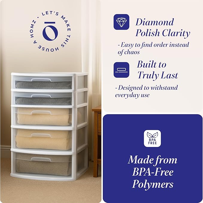 HOMZ Drawer Tower, 5-Tier Storage Cart with Removable Wheels, White Frame | Extra-Wide Plastic Organizer with Clear Bin Drawers for Bedroom, Bathroom, Home Office, and Dorm Rooms - Image 5