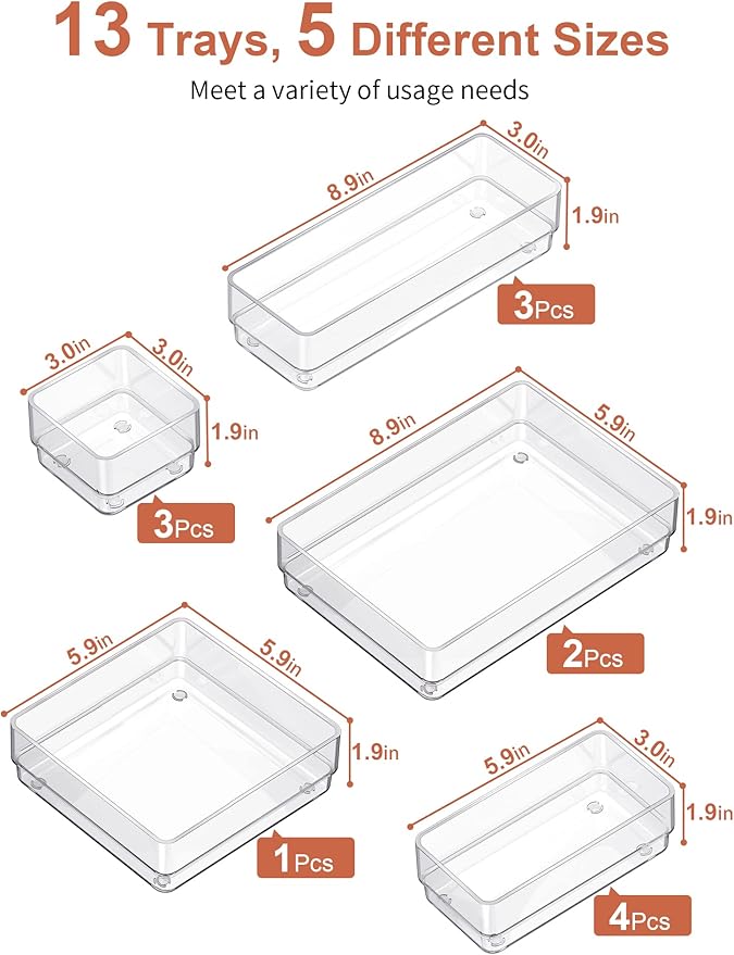SMARTAKE 13 PCS Drawer Organizer 5-Size Desk Makeup Drawer Organizer Clear | Storage Trays for Makeup with Non Slip Silicone Pads, Jewelries, Utensils in Bedroom Dresser, Office, Kitchen and Bathroom - Image 2