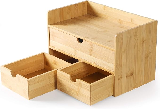 Bamboo Desk Organizer with Drawers, Desktop Storage for Office Supplies | 3 Drawers Desktop organizer, No Assembly Required, Natural Wood Wooden Desktop Drawers Box for Bills, Cosmetics, Seals, Paper - Image 4