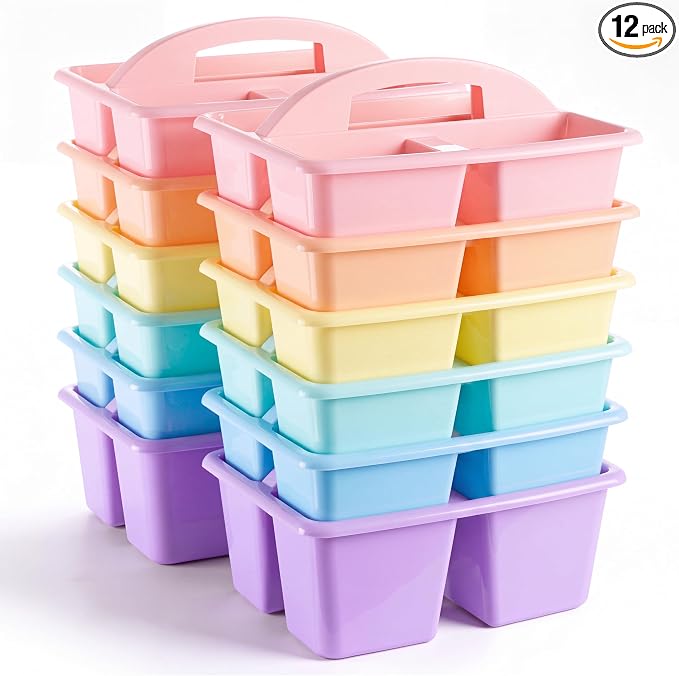 Kathfly 12 Pack Classroom Caddy Organizer with Handle, Plastic Art Craft Cleaning Caddy Bulk, Small Multipurpose Supply Organization Storage Basket for Table Desk Office Pencil Teacher (Macaron Color) by Kathfly