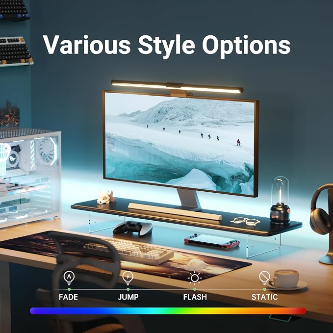 AFOOYO Monitor Stand Riser,31.5-Inch LED Light Wood Computer Monitor Stand with Adjustable Acrylic Legs,Desk Accessories Desktop Organizer Stand for, Computer,Laptop,Printer,PC TV Screen Riser,Black - Image 3