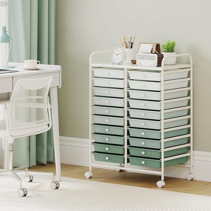 Giantex 20 Drawers Rolling Cart, Mobile Storage Drawer Cart, Classroom Organizer Cart for Office School Supplies Tools Scrapbook Paper Craft Small Printer, Utility Cart on Wheels, Green Gradient - Image 2
