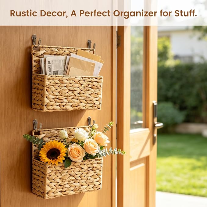 2PCS Woven Mail Holder Wall Mount Basket – Water Hyacinth Magazine Holder Wall Basket, Wicker Mail Organizer Wall Mount for Office, Books, Files, Letters & Entryway Decor, Hooks Included - Image 5