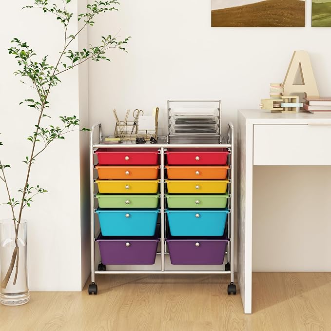 GOFLAME 12-Drawer Rolling Storage Cart, Multipurpose Organizer Cart with 2 Sizes Plastic Drawers, Mobile Utility Cart with Lockable Casters for School, Home Office, Beauty Salon, Multicolored - Image 9