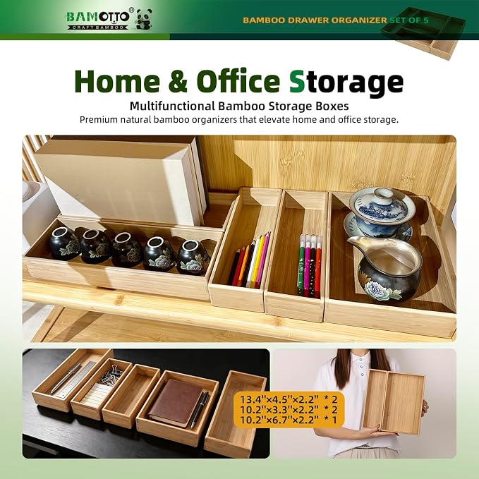 BAMOTTO CRAFTBAMBOO Stackable Bamboo Drawer Organizer Set of 5 for Kitchen | Utensil Cutlery Tray | Flatware & Silverware Organizer | Office & Bathroom | 13.4"×4.5"(×2) / 10.2"×3.3"(×2) / 10.2"×6.7" - Image 5