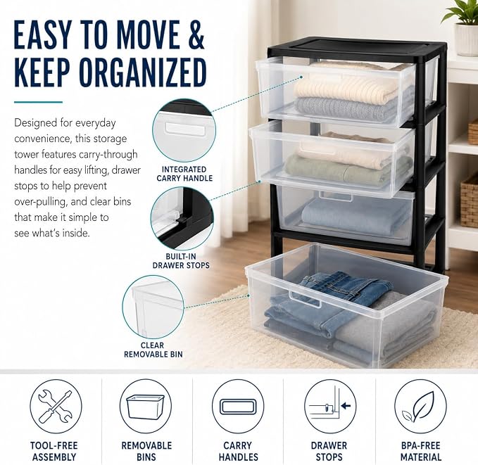 2PCS,4-Drawer Storage Tower, Plastic Organizer with Clear Removable Bins | Clear Removable Bins, Tool-Free Assembly, Integrated Carry Handles, Drawer Stops, BPA-Free Plastic, 4-Drawer Capacity - Image 8