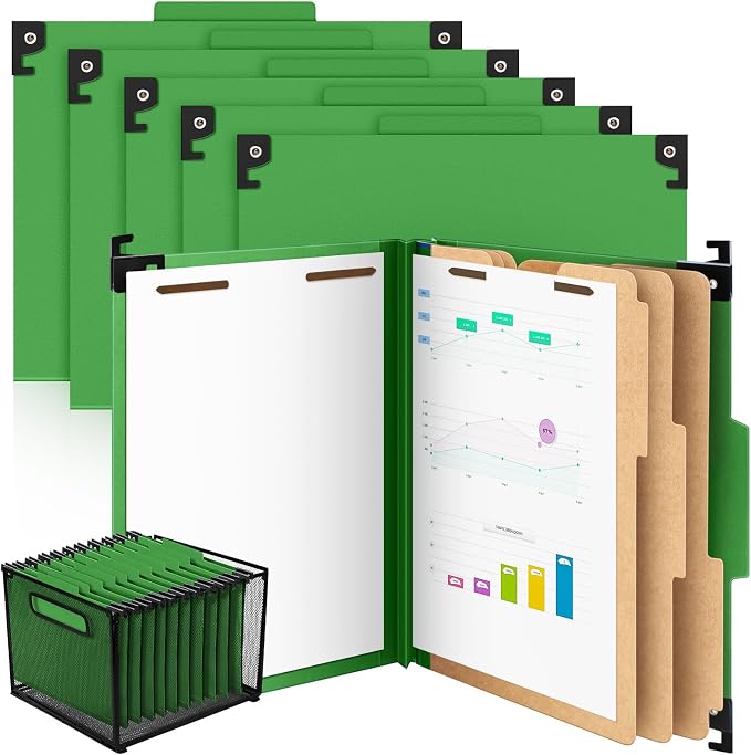 Henoyso 10 Pcs Hanging Classification Folders with Prongs, 3 Divider/ 8 Section, Letter Size, 8 Fasteners, 4 Inch Expansions, 1/3-cut Tab Pressboard File Folder for Office School Medical(Green) by Henoyso