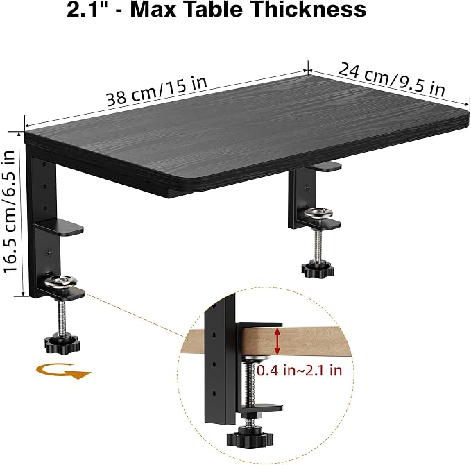Desk Extender, 15-inch Clamp-On Desk Shelf, Height-Adjustable Desktop Shelf Organizer for Monitors Office and Gaming Accessories, Arm Support Table Extension, 44lbs Heavy Duty, Black - Image 2
