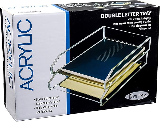 Kantek Clear Acrylic Double Large Letter Tray, 2 Tier Stackable Desk Organizer, Front Loading, 10.6" x 13.9" x 4.8", Non-Skid Feet, Office Organizer, Desk Accessory - Image 3