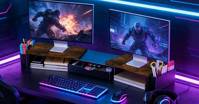 Spacrea Wood Dual Monitor Stand Riser with Drawer and 2 Pen Holders | Monitor Riser Desk Organizers and Accessories,Desk Accessories & Workspace Desktop Organizers for Office Supplies - Image 7