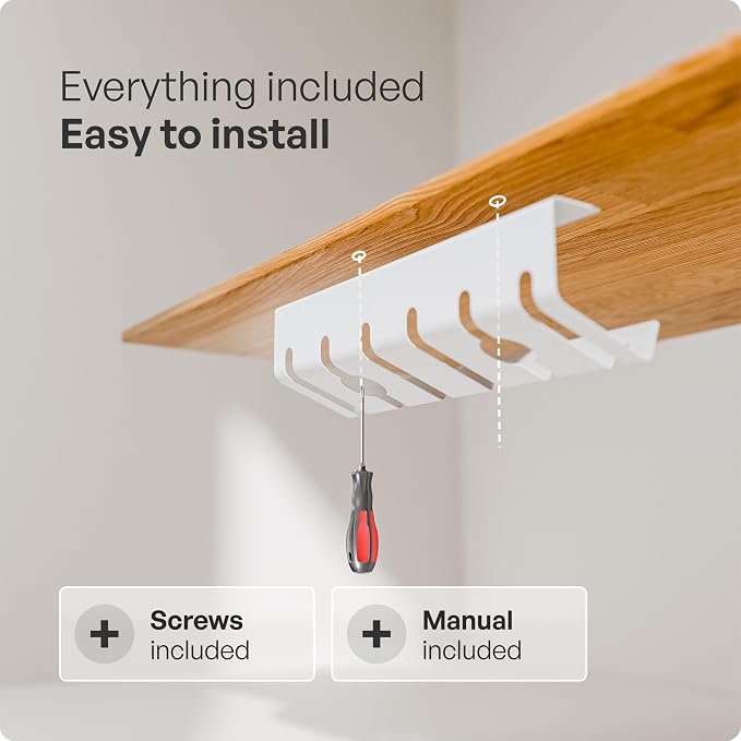 PAMO Cable Management Under Desk, Set of 3 - White | Easy under-table mounting keeps cables organized, includes 10 cable ties for a clean and tidy office or home workspace. - Image 7