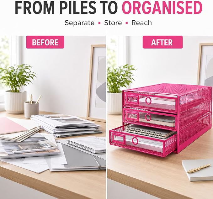 Exerz Paper Sorter 3 Drawer Wire Mesh A4 / Desk Multifunctional Desk Organiser/Multi-Layer Letter Tray - for Documents, Magazines, Notebooks and Letter (Pink) - Image 6