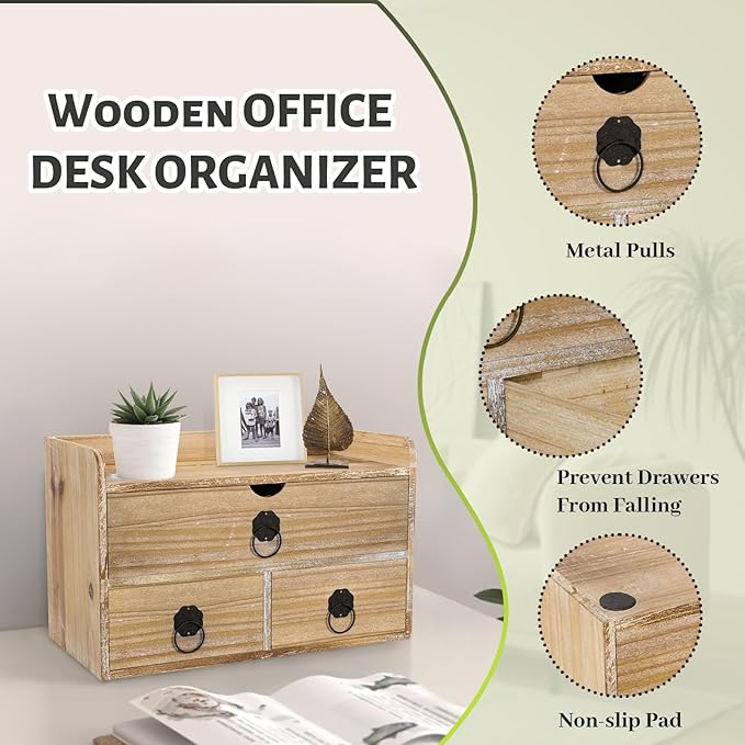 Washed White Wood Desk Organizer, Mini Desktop Organizer with Drawers, Tabletop Storage Organization for Home Office Supplies Vanity, No Assembly Required (3 Drawer and Shelf) - Image 5