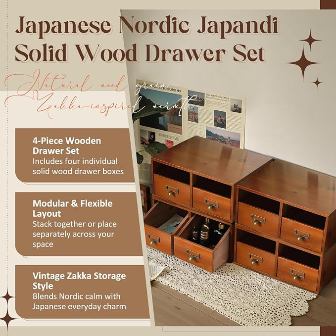 4-Pack Wide Wooden Desktop Drawer Organizer with Brass Label Holders - Horizontal Storage for Long Desks, Counters, Shelves, Stackable Card Catalog - Solid Wood Small Item Organizer for Office & Home - Image 2