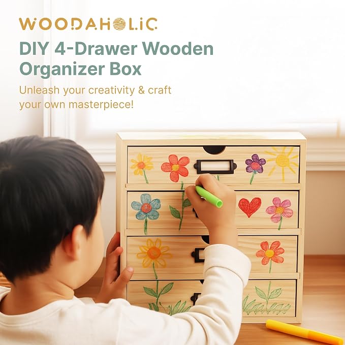 DIY Wooden Desk Organizer with Drawers – Unfinished 4-Drawer Desktop Storage Box – Personalizable Wood Desk Organizer for Crafts, Office, or Home – Compact Wooden Storage Drawers Ready to Decorate - Image 3