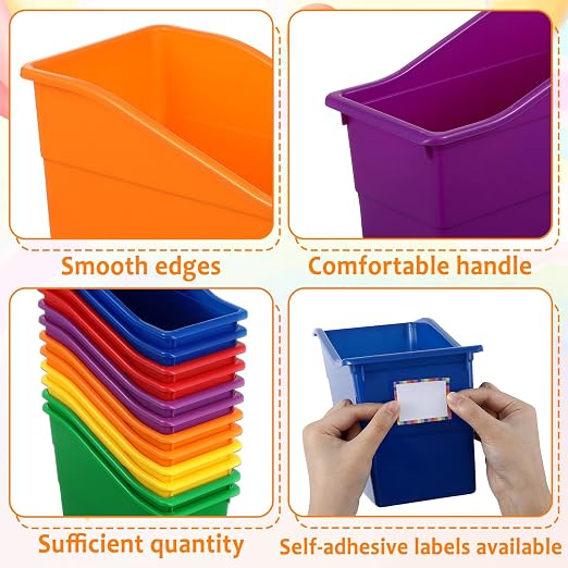 gisgfim 12 Pack Large Book Bins with Labels (Rainbow) | Durable Plastic,Stackable Magazine Organizer,Storage Bins for Classroom,Library,Office,Bookshelf Categorization - Image 3