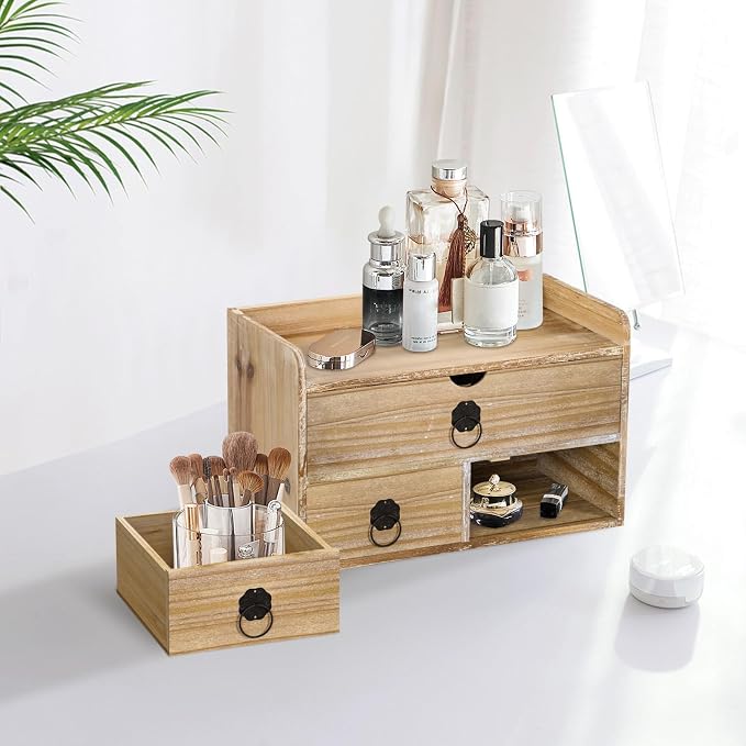 Washed White Wood Desk Organizer, Mini Desktop Organizer with Drawers, Tabletop Storage Organization for Home Office Supplies Vanity, No Assembly Required (3 Drawer and Shelf) - Image 8