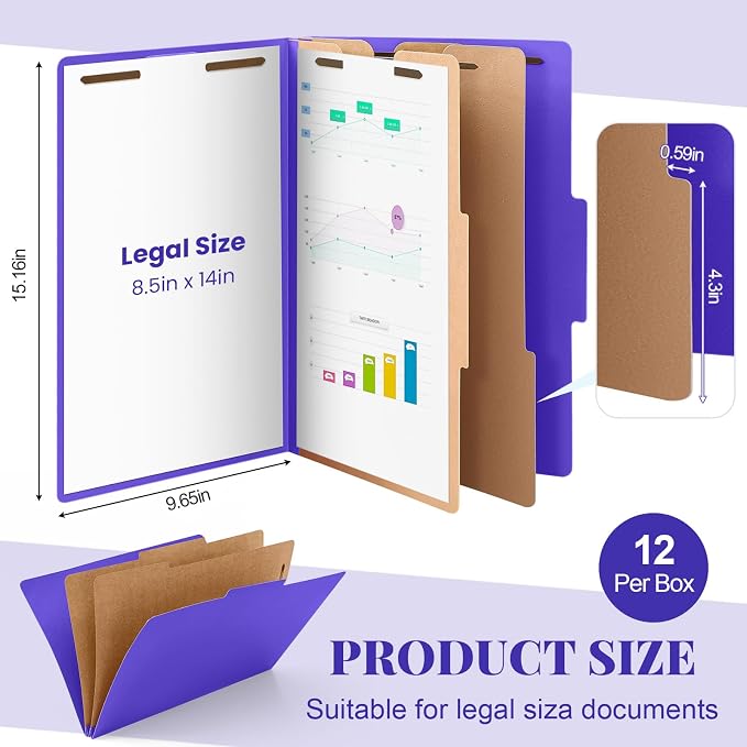 AmazingSpark 12 Pcs Legal Size Classification Folders 2 Divider, Bulk Pressboard File Folder with Expansion 2 Prongs Fastener Heavy Duty Office File Organizer for School Hospitals Home(Purple) - Image 2