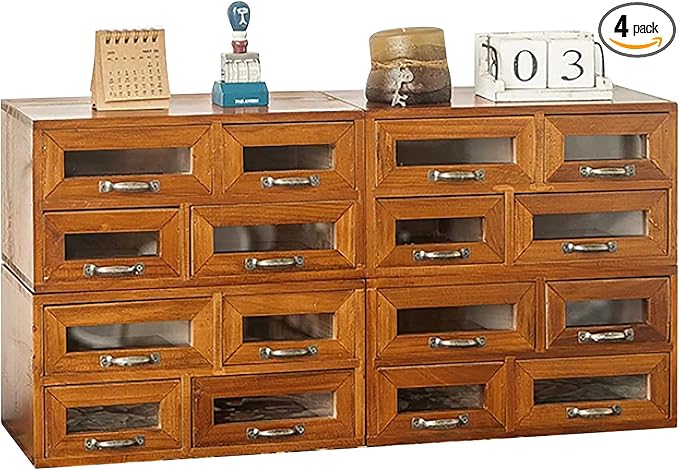 Stackable Modular Tiered Set of 4 Store and Display Wooden Desktop Organizing Cabinets - 16 Drawer Wood Display Chest with 4 See-through Slots - 16-Drawer Storage for Table, Dresser or Countertop by PrimoSupply