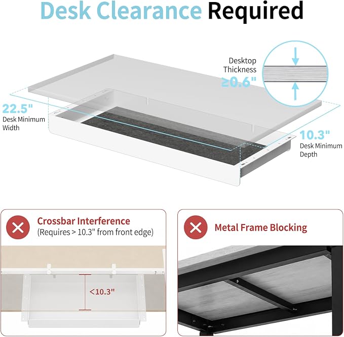 Under Desk Drawer,20.1 inch Carbon Steel Slide-Out Under Table Storage Organizer With Full Extension Ball-Bearing Slides,Undermount Drawer For Standing Desk & Home Office,White - Image 4