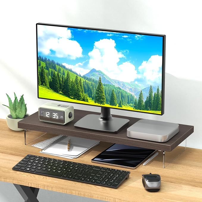 Monitor Stand Riser, 25x10 in Wood & Acrylic Computer Desk Organizer Shelf | Computer Monitor Stand With Wood & Acrylic Design; Works As Laptop Riser, Printer Stand, TV Screen Riser And Desk Organizer. - Image 2