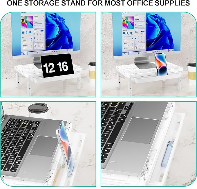 WALI Computer Monitor Stand with Storage, Monitor Riser 3 Height Adjustable | Laptop Riser with Airflow Vents, Desk Organizer for Computer, Printer, Notebook (PTT002-M), 1 Pack, Marble - Image 6