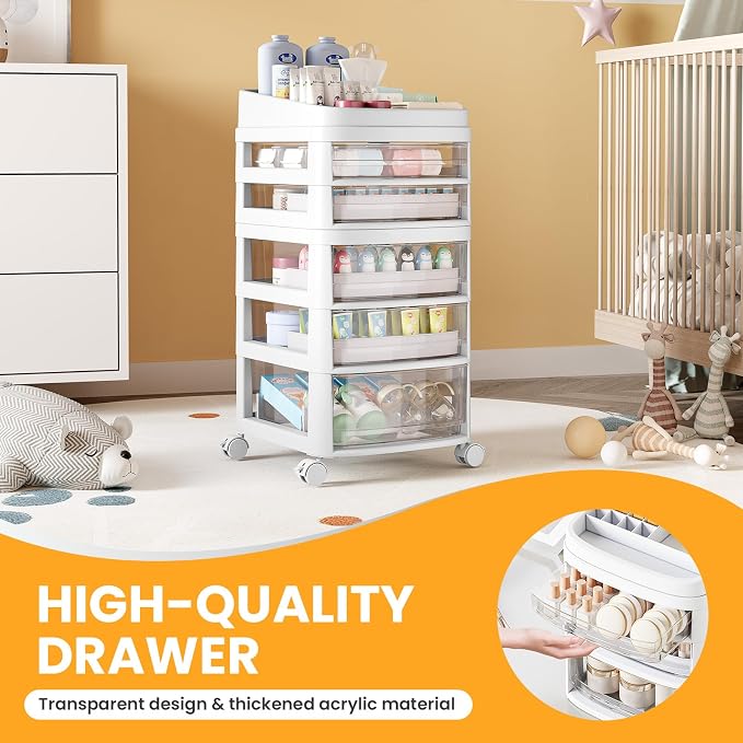 Rolling Cart with 5 Drawers, Clear Plastic Drawer Organizers, Vanity Cart | Dust Proof Under Desk Storage with Dividers for Makeup, Skincare, Art Crafts and Baby Items, Acrylic Cosmetic Organizer - Image 4
