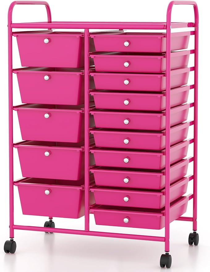 DORTALA 15-Drawer Rolling Storage Cart with Drawers, Rolling Utility Cart w/Removable Drawers & Universal Wheels, Tools Scrapbook Paper Organizer for School, Office, Home, Classroom (Hot Pink) - Image 4