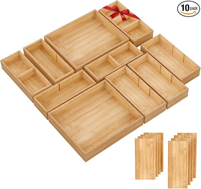 Bamboo Drawer Organizer, 10-Piece Stackable Trays with Removable Dividers | Junk drawer organizer, assorted tray sizes, 10-22 customizable compartments, nestable, kitchen utensils, bathroom, office by Unknown