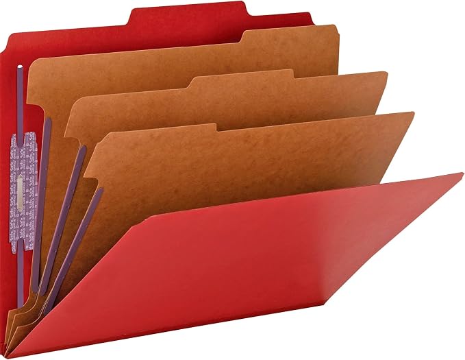 Smead Pressboard Classification File Folder with SafeSHIELD® Fasteners, 3 Dividers, 3" Expansion, Letter Size, Bright Red, 10 per Box (14095) (Pack of 1) by SMEAD