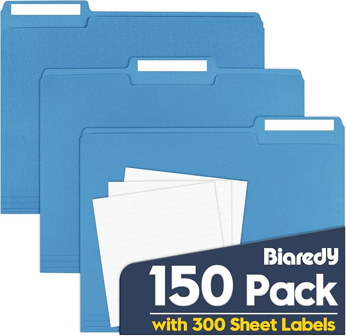 Colored File Folders,150 Pack Bulk, Letter Size 8.5" x 11",1/3 Cut Tab Durable Paper Folders with Blank Labels for Office Business School Home Use,Navy Blue by Unknown