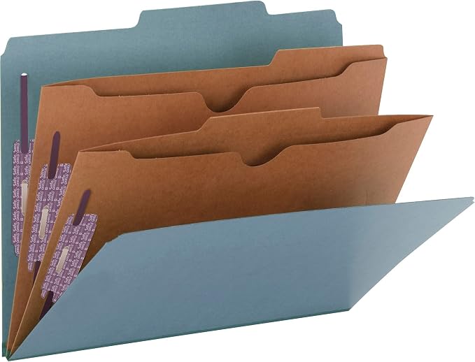 Smead Pressboard Classification File Folder with SafeSHIELD Fasteners, 2 Pocket Dividers, 2" Expansion, Letter Size, Blue, 10 per Box (14081) - Image 6