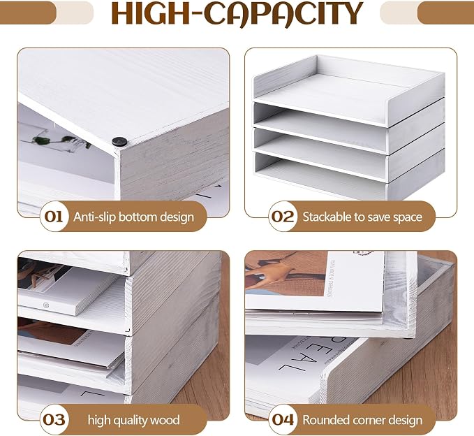 Yeaqee 4 Pcs Stackable Paper Organizer Tray Wood Desk Organizer Letter Tray Paper Holder Desktop Letter Size Office Wooden Desk Shelf Folder Organization Rack for Mail File Document (Vintage White) - Image 4