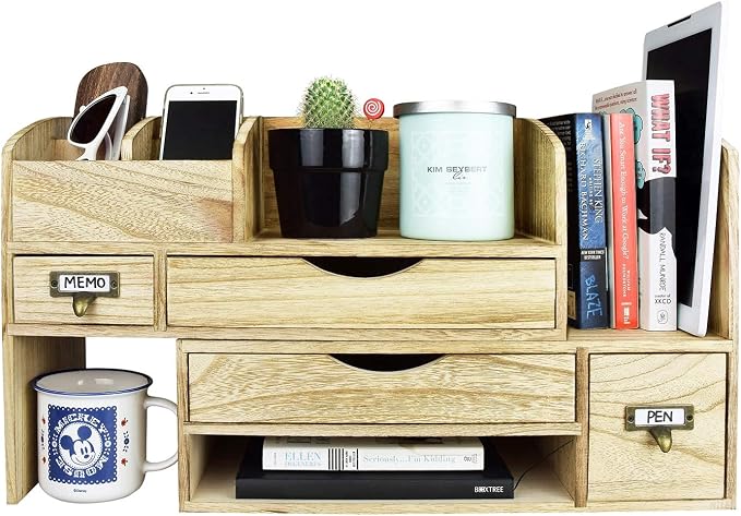 Ikee Design Large Extendable Wooden Desktop Organizer For Office Supplies | EXTENDABLE DESK ORGANIZER: Wooden shelf with compartments for books and office supplies; 17.25"W x 7.5"D x 12"H. - Image 4
