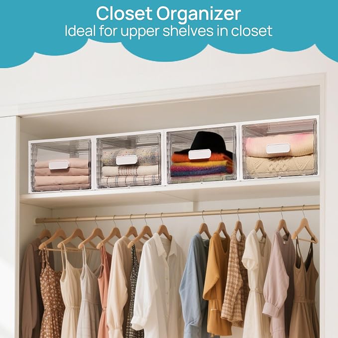 Vtopmart 4 Pack White Stackable Storage Drawers 15QT | Easily Assemble Closet Organizers,Plastic Storage Bins for Bathroom,Cabinet,Kitchen Pantry,Under Sink Organization(Medium) - Image 3