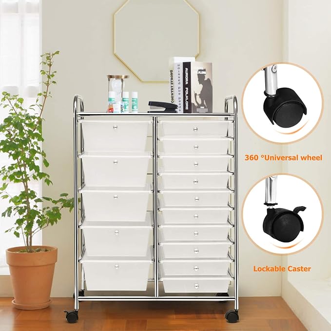 COSTWAY 15 Drawer Rolling Storage Cart, Mobile Utility Cart with Lockable Wheels, Drawers, Multipurpose Organizer Cart for Home, Office, School, Clear - Image 5