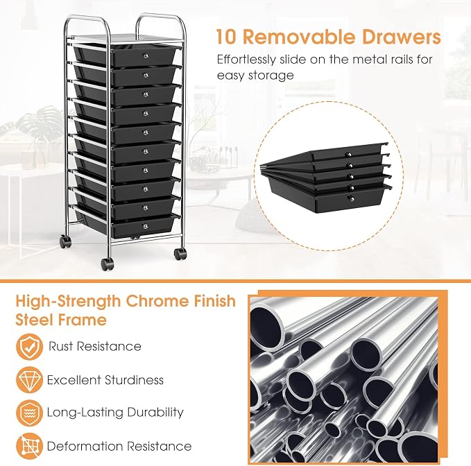 Storage Cart, Rolling Utility Cart with 10 Drawers, Portable Handles & Lockable Wheels, Mobile Paper Toys Storage Organizer Large Capacity for Home Office School Teacher (Black) - Image 7