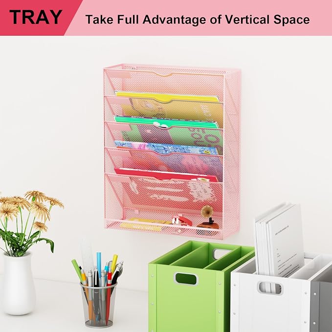 Hanging Wall File Organizer 6 Tier Wall Mounted Mail Paper Folder Holder Document Organization Stand, Vertical Desk Magazine Rack for Office Home Cubicle Countertop, Pink - Image 7