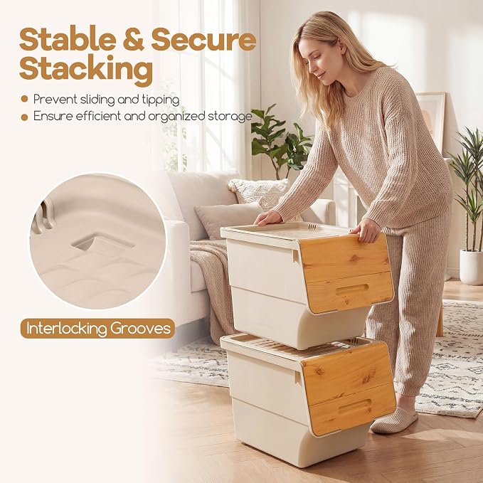 GIANTEX 6 Pack Plastic Stackable Storage Bins with Lids & Wheels, 35 QT | Open Front Stacking Bins, Organizer Bins for Pantry, Kitchen, Laundry, Closet, Playroom, Bedroom Organization - Image 5