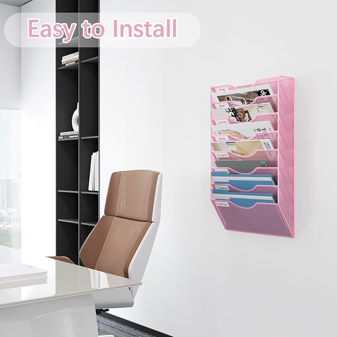 EasyPAG 8 Pocket Mesh Wall File Organizer, Hanging Paper Folder Holder with Classify Label, Vertical Wall Mount Mail Organizer for Office Home Classroom, Pink - Image 4