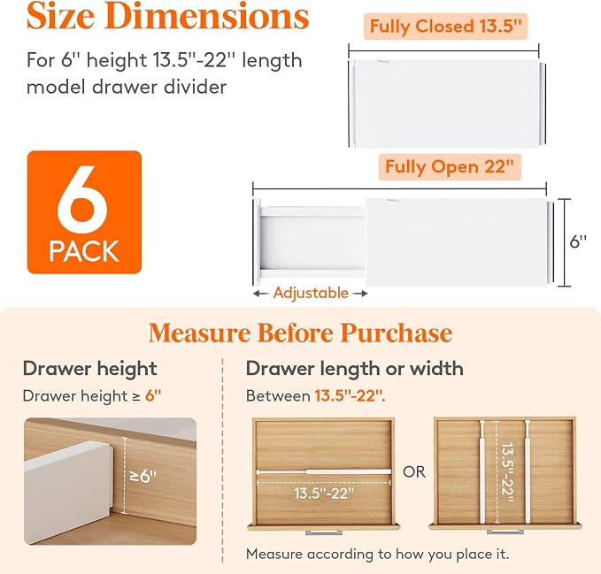 Lifewit 6" Tall Upgrade Drawer Dividers, Adjustable Deep Drawer Organizer | 13.5"-22" Expandable White Drawer Separator for Clothes, Dresser/Kitchen/Closet/Bedroom/Office Organization & Storage, 6 Pack - Image 2
