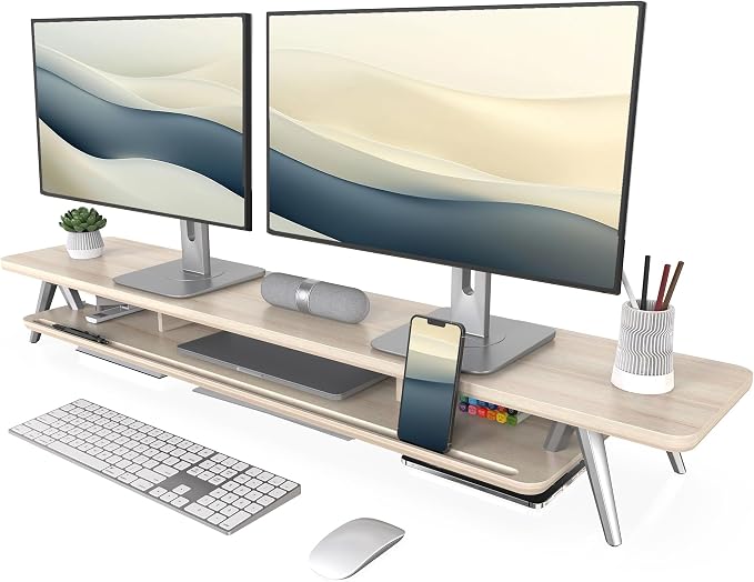 Fenge Dual Monitor Stand Riser, Wooden Desk Shelf with 2-Tier Storage | 47.2-Inch Extra Wide, Sturdy Aluminum Legs, Built-In Phone & Tablet Slot, Desktop Organizer for Office Accessories by Fenge
