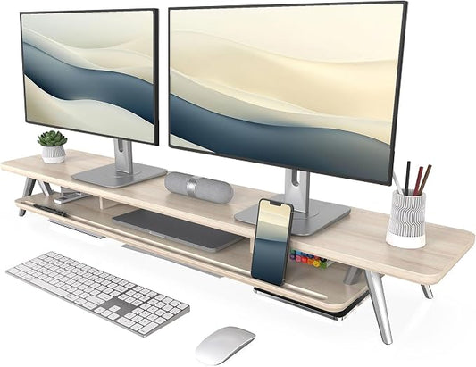 Fenge Dual Monitor Stand Riser, Wooden Desk Shelf with 2-Tier Storage | 47.2-Inch Extra Wide, Sturdy Aluminum Legs, Built-In Phone & Tablet Slot, Desktop Organizer for Office Accessories by Fenge